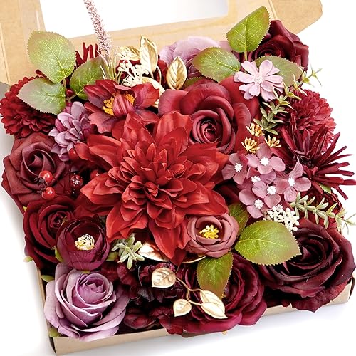 WEIERYUE Artificial Flower Box Set Silk Fake Flowers for DIY Centerpieces Cake Decorations, Wedding Bouquets, Boutonnieres, Home Decorations(Wine red Memory)