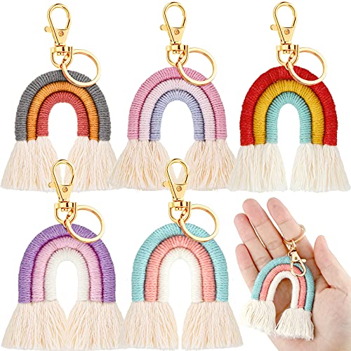 Jadive 5 Pieces Rainbow Macrame Keychain Weaving Rainbow Tassel Keychains Car Keyring Holder Jewelry for Women(Cute Colors)