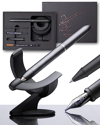 novium Hoverpen Future Edition - Fountain Pen & Rollerball Pen All-In Gift Box, Fine Nib, Futuristic Aesthetic, Metal Made Luxury Pen, Free Spinning Executive Pen, Mens Gifts Ideas (Deep Black)