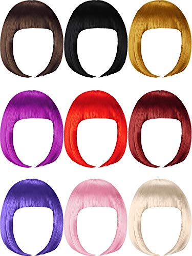 WILLBOND 9 Pieces Short Bob Hair Wigs Colorful Cosplay Costume Wig Daily Party Hairpiece for Women Girls (Brown, Black, Dark Gold, Wine Red, Red, Purple, Violet, Light Pink, Light Gold)