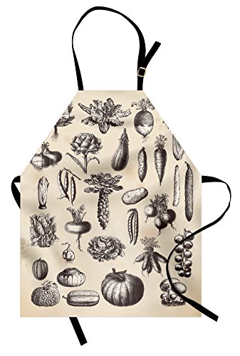 Lunarable Vintage Apron, Greyscale Vegetables Onion Turnip Carrots Mushroom and Potato Illustration, Unisex Kitchen Bib with Adjustable Neck for Cooking Gardening, Adult Size, Charcoal Grey