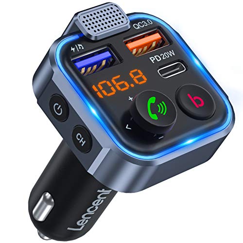 LENCENT FM Transmitter in-Car Adapter,Type-C PD 20W+ QC3.0 Fast USB Charger, Wireless Bluetooth 5.0 Radio Car Kit,Hands Free Calling, Mp3 Player Receiver Hi Fi Bass Support U Disk