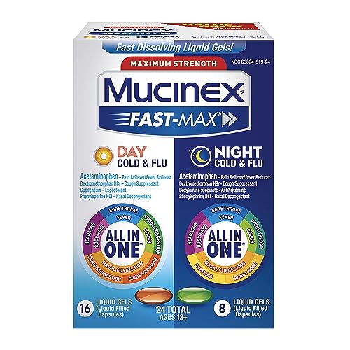 Mucinex Fast-Max Maximum Strength Cold & Flu Day and Night Medicine, All-in-One Multi-Symptom Relief Liquid Gels – 24 count (16 time + 8 time) (Packaging May Vary)