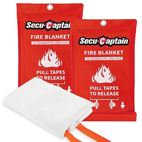 SecuCaptain Emergency Fire Blanket for Home and Kitchen - 2 Pack 40'x40' Flame Suppression Fiberglass Fire Blankets for House Camping Car Office Warehouse Emergency Survival Safety