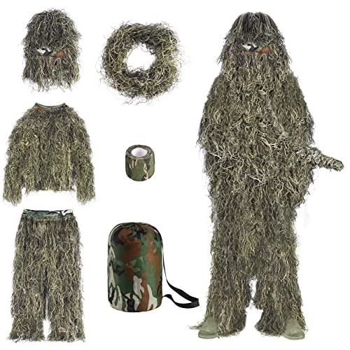 Slendor 6 in 1 Ghillie Suit, 3D Camouflage Hunting Apparel Camo Hunting Clothes, Bushman Costume Including Jacket, Pants, Hood, Carry Bag, Suitable for Men, Hunters, Paintball M/L