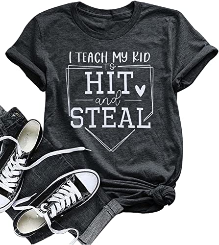 VILOVE Baseball Mama Shirt Women I Teach My Kids to Hit and Steal Shirt Baseball Mom Tshirt Baseball Heart T Shirt Gray