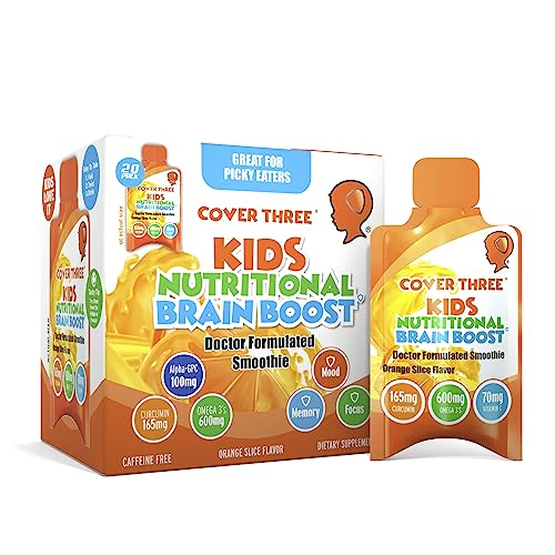 Cover Three Supplements for Kids Brain Supplement Smoothie, Omega 3 Liquid Childrens DHA Fish Oil, Kids Focus and Attention, Emotional Support, 20 Pouches, Pack 1
