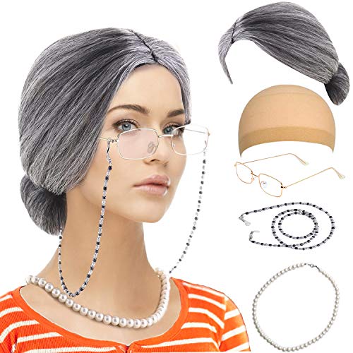 Feacole Old Lady Costume Set-Grandmother Wig,Wig Caps, Madea Granny Glasses, Eyeglass Retainer Chain,Pearl Necklace(5 Pieces)