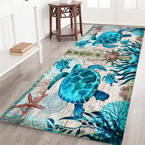 Coastal Runner Rug for Hallway 2x6 Sea Turtle Hallway Rugs Nautical Throw Rug Blue Turtles Beach Ocean Life Teal Marine Animal Area Rug Non-Slip Floor Carpet for Bedroom Entrance Door Mat Washable Rug