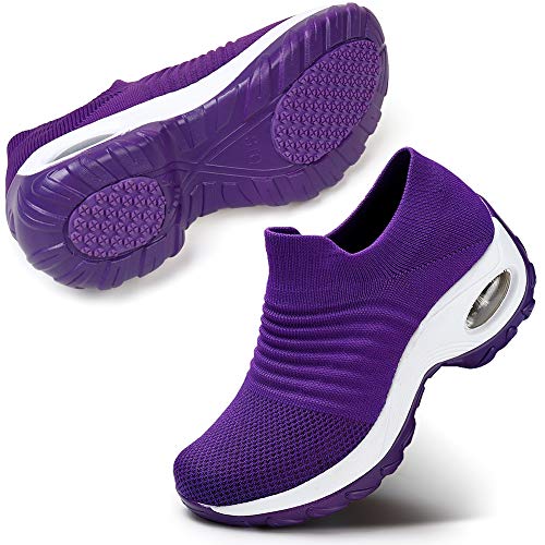 Women Loafers Slip On Platform Sneakers Comfort Mesh Walking Shoes 8.5 Purple