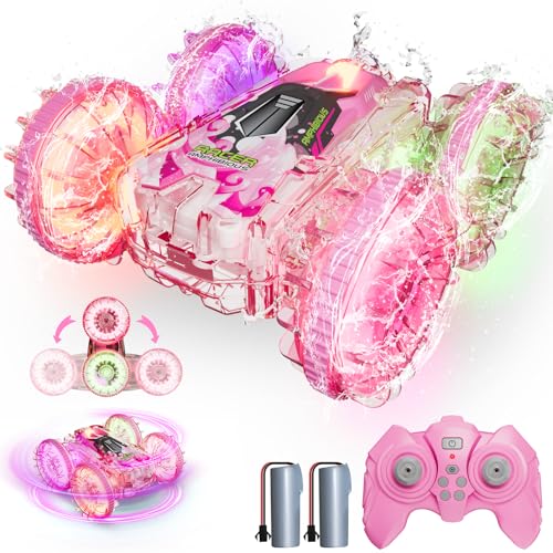 BFUNTOYS Amphibious Remote Control Car for Water or Land Play, RC Car for Kids Girls with LED Lights 4WD Stunt Car Pink Pool Toys with 70/36Minutes Play 2Batteries,360°Rotation,180°Flip,2.4GHz Remote