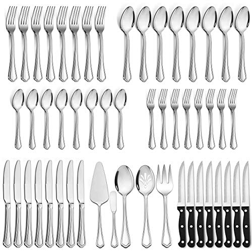 LIANYU 77-Piece Silverware Flatware Set for 12, Plus Steak Knives and Serving Utensils, Stainless Steel Flatware Cutlery Set, Eating Utensils Tableware with Scalloped Edge, Dishwasher Safe