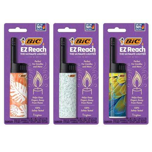 BIC EZ Reach Candle Lighter, The Ultimate Lighter with Wand for Candles, Assorted Home Decor Designs, 3 Count Pack of Long Lighters