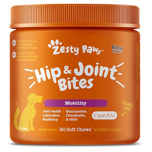 Zesty Paws Mobility Bites Dog Joint Supplement - Hip and Joint Chews for Dogs - Pet Products with Glucosamine, Chondroitin, & MSM + Vitamins C and E for Dog Joint Relief - Bacon – 90 Count