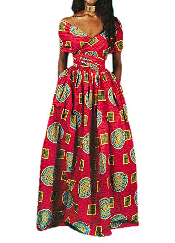 Giovacker Women's African Floral Print Dress Dashiki High Waist Long Dress Bohemian Party Cocktail Maxi Dress, Retro Red with Square Circular Pattern, M