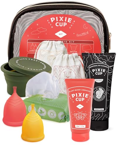 Pixie Cup Menstrual Kit - Best Period Cup Starter Kit - 2 Cups, Wash, 20 Wipes, Lube, Public Restroom Carry Cup & Storage Bag - Proven to Be What You Need to Become A Successful Menstrual Cup User