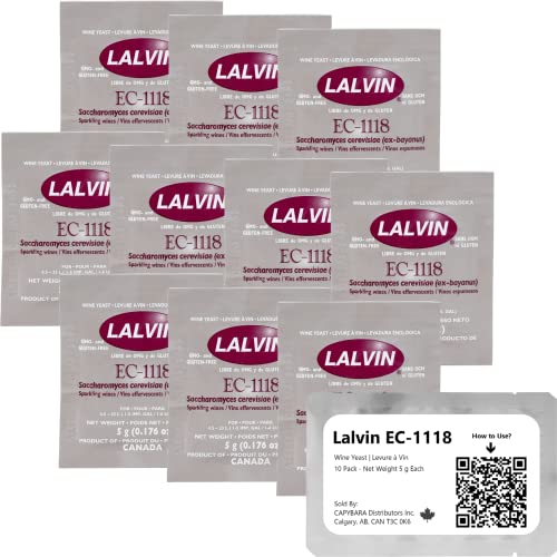 Lalvin EC-1118 Wine Yeast (10 Pack) - Champagne Yeast - Make Wine Cider Mead Kombucha At Home - 5 g Sachets - Saccharomyces cerevisiae - Sold by CAPYBARA Distributors Inc.