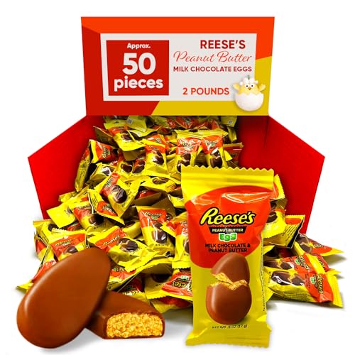 Reeces Milk Chocolate Peanut Butter Eggs 2 Pounds Approx 50 Count - Easter Candy Bulk Chocolate Candy For Easter Baskets - Individually Wrapped Snacks - Reeces Eggs Peanut Butter Snacks - Ideal for Candy Dish or Office - Chocolate Peanut Butter Eggs Candy Milk Chocolate Peanut Butter Eggs Candy Reeces For Easter Season