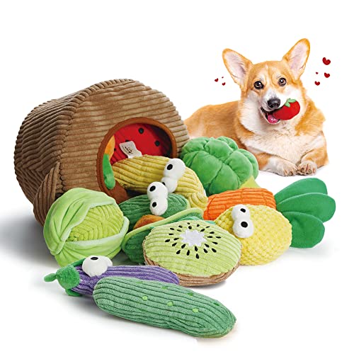 Nocciola Grocery Bag Dog Toys- 15 Pack Fruits and Veggies Dog Squeaky Toys, Small Dog Toys for Aggressive Chewers, Durable Plush Dog Toys for Small Medium Size Dogs, Puppy Dog Toys to Keep Them Busy