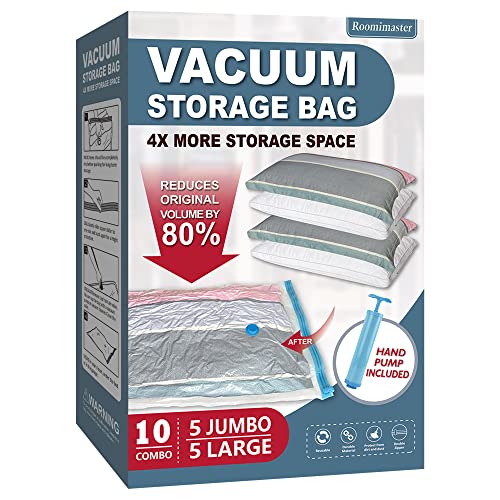 Vacuum Storage Bags, 10 Combo (5 Large/5 Jumbo) Space Saver Bags Vacuum Seal Bags with Pump, Space Bags, Vacuum Sealer Bags for Clothes, Comforters, Blankets, Bedding
