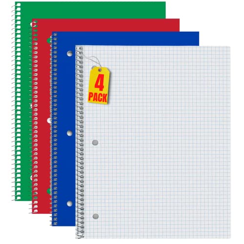1InTheOffice Graph Composition Book, Wirebound, 8' x 10.5' Graph Paper Notebook, Assorted Colors Quad Ruled Spiral Notebook, 70/Sheets 4 Pack