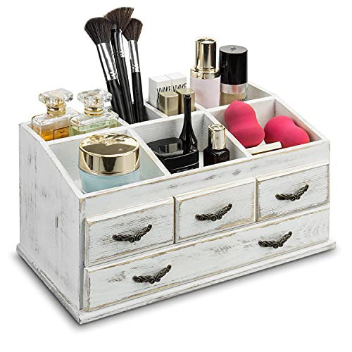 MyGift 7-Compartment Shabby Whitewashed Solid Wood Jewelry/Cosmetics Vanity Organizer Rack with 4 Vintage Storage Drawers
