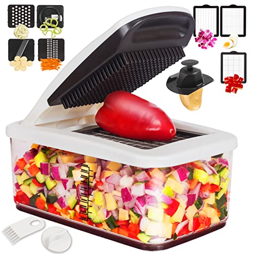 RüK Vegetable Chopper, Extra Large Chopper Vegetable Cutter, Multifunctional 10-in-1 Pro Food Chopper - 6 Blades, 4 Vegetable Spiralizers, E-Recipes - Veggie Chopper with Container
