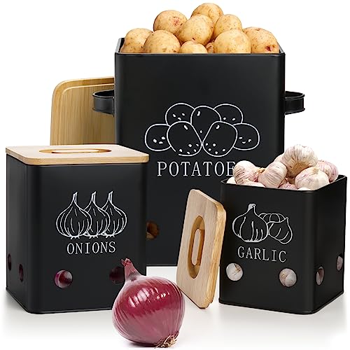 WUWEOT 3 Pack Vegetable Storage Bin, Potato Onion Garlic Storage Canister, Black Metal Vegetable Fresh Keeper Caddy, Kitchen Pantry Organizer Jars with Bamboo Lid and Aerating Holes