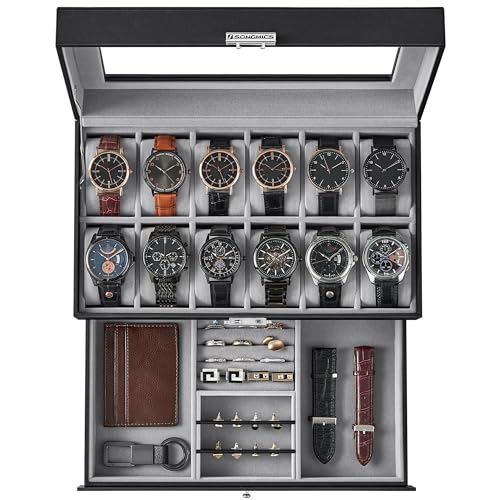 SONGMICS 12-Slot Watch Box, Lockable Watch Case with Glass Lid, 2 Layers, with 1 Drawer for Rings, Bracelets, Father's Day Gifts, Black Synthetic Leather, Gray Lining UJWB012