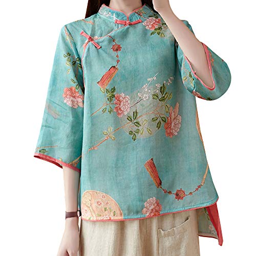 Women Summer 3/4 Sleeve Chinese Blouse Top Traditional Mandarin Collar Ethnic Cotton Linen Qipao Shirt (Blue, Large)