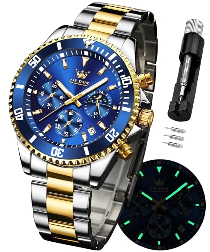 OLEVS Watches for Men Chronograph Stainless Steel Analog Quartz Two Tone Moon Phase Watch Waterproof Date Business Classic Luminous Mens Watches Blue