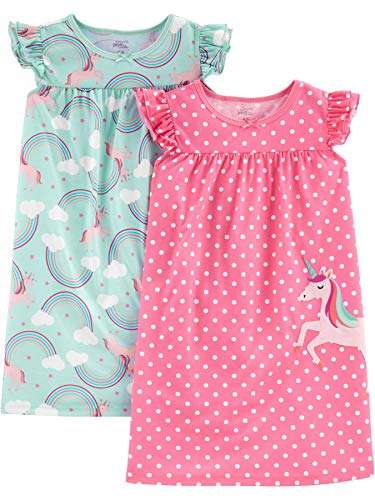Simple Joys by Carter's Girls' 2-Pack Nightgowns, Mint Green Rainbow/Pink Polka Dot, 6-7