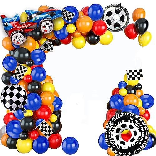 YNOU 121 Pcs Racing Car Balloons Arch Garland Kit Decorations, Race Car Foil Balloons Checker Flag for Monster Car Truck Party, Finish Line Race Car,Nascar Party Supplies