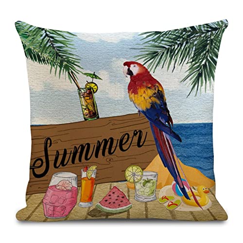 Tropical Summer Beach Parrot Bird Watercolor Cotton Linen Throw Pillow Case Home Decorative Cushion Cover for Sofa Couch Bedding 18x18 Inch