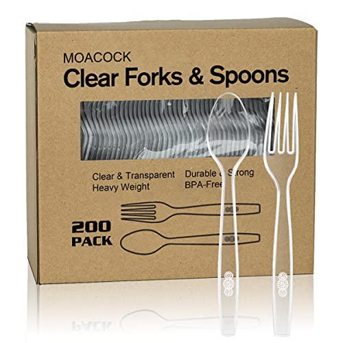 MOACOCK 200 Count Plastic Silverware, Heavy Weight Plastic Forks Spoons Disposable Utensils Cutlery Set for Wedding Party Supplies Everyday Use