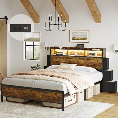 HAUSOURCE Full Bed Frame with Bookcase Headboard and 6 Headboard Storage Drawers LED Lights Metal Platform Non-Slip Without Noise Metal Slats Support No Box Spring Needed