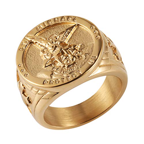 HZMAN St. Michael San Miguel The Great Protector Archangel Defeating Satan Figurine Stainless Steel Amulet Ring (Gold-A, 8)