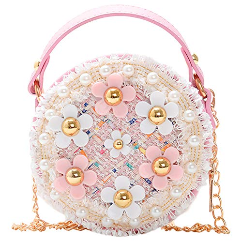 Forwe Little Girls Toddler Crossbody Purse with Pearl Flowers Mini Cute Princess Handbags Shoulder Chain Bag (A-Pink)