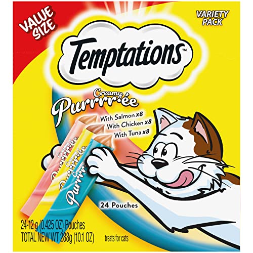 Temptations Creamy Puree with Chicken, Salmon, and Tuna Variety Pack of Lickable, Squeezable Cat Treats, 0.42 oz Pouches, 24 Count