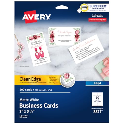 Avery Clean Edge Printable Business Cards with Sure Feed Technology, 2' x 3.5', White, 200 Blank Cards for Inkjet Printers (08871)