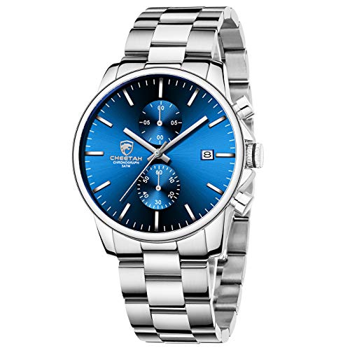 GOLDEN HOUR Men's Watches with Silver Plated Stainless Steel and Metal Casual Waterproof Chronograph Quartz Watch, Auto Date in Royal Blue Dial