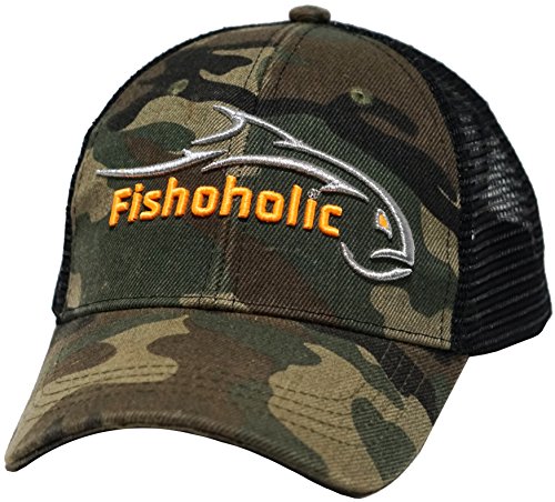 Fishoholic Snapback Baseball Fishing Hat - Embroidered Logos Mesh Trucker Fishing Gift for Dad Father Son (R) TM Fishaholic (SNP-CamoOrg)