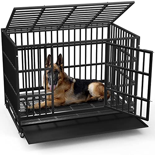 LEMBERI 48/38 inch Heavy Duty Indestructible Dog Crate, Escape Proof Dog Cage Kennel with Lockable Wheels,High Anxiety Double Door,Extra Large Crate Indoor for Large Dog with Removable Tray
