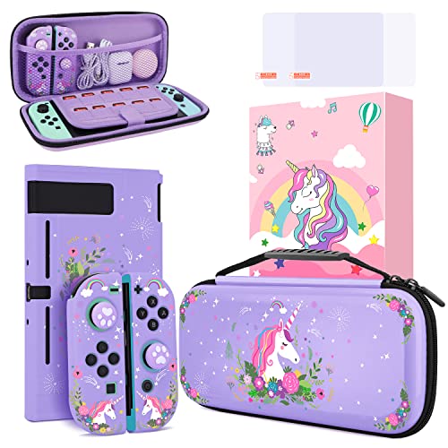 homicozy Cute Unicorn Protection Case for Nintendo Switch,Purple Hard Carrying Case with Soft TPU Protective Cover and Protection Acessories Compatible with Nintendo Switch for Girls