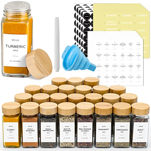 NETANY 24 Pcs Glass Spice Jars with Bamboo Lids, 4 oz Glass Jars with Minimalist Farmhouse Spice Labels Stickers, Collapsible Funnel, Seasoning Storage Bottles for Spice Rack, Cabinet, Drawer