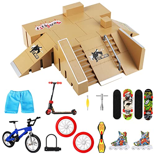 HOMETALL 8Pcs Fingerboard Skatepark Ramps with 9Pcs Mini Toys Set Including Fingerboards, Bike, Scooters, Skate Park for Kids Gift