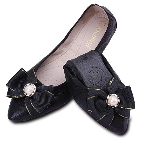 Women's Foldable Ballet Flats Casual Rhinestone Sparkly Wedding Ballerina Shoe Comfort Slip on Flat Shoes Black 7.5