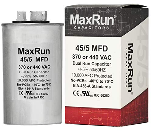 MAXRUN 45+5 MFD uf 370 or 440 Volt VAC 45/5 Microfarad Dual Run Capacitor for Air Conditioner or Heat Pump - Runs AC Motor and Fan - 1 Year Warranty