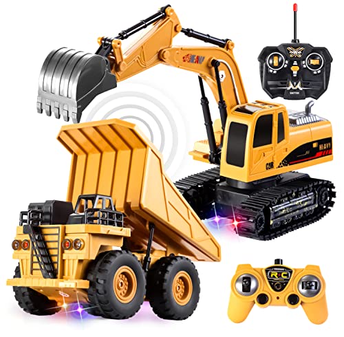 JOYIN 2 PCS Remote Control Construction Vehicle Toy Set, Friction-Powered RC Excavator & RC Dump Truck with Lights and Sounds for Imaginative Play, Birthday Gifts for Toddlers Boys Girls