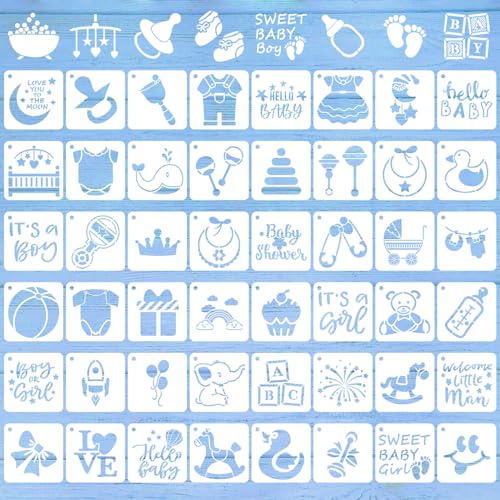 Augshy 56 Pieces Baby Shower Stencils for Painting, 3 Inch Cute Onesie Stencil Mixed Animals Pattern Painting Stencils, Reusable Baby Shower Cake Painting Stencils for Bodysuit Shoes Bibs Clothes